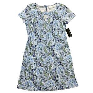 NWT Kim Rogers Shift Dress Blue Green Paisley Print Keyhole Neck Petite Woman PS